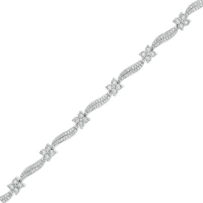 1.00 CT. T.W. Diamond Wavy Flower Station Bracelet in Sterling Silver - 7.25"