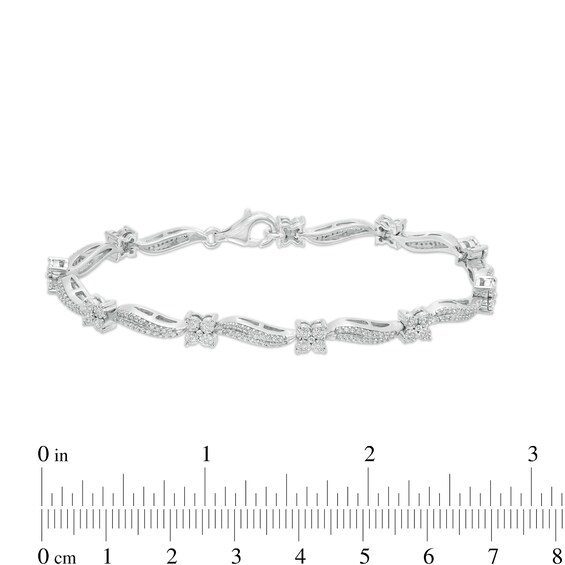 1.00 CT. T.W. Diamond Wavy Flower Station Bracelet in Sterling Silver - 7.25"