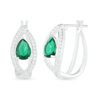 Pear-Shaped Lab-Created Emerald and White Sapphire Marquise Orbit Frame Hoop Earrings in Sterling Silver