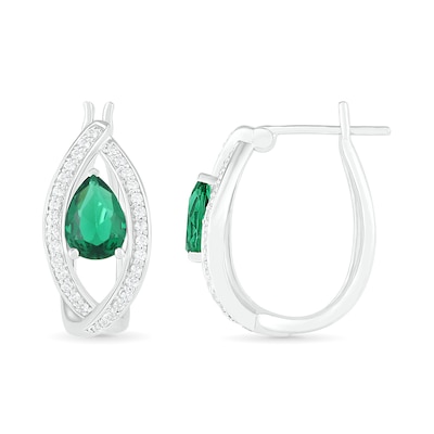 Pear-Shaped Lab-Created Emerald and White Sapphire Marquise Orbit Frame Hoop Earrings in Sterling Silver