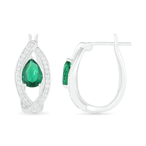 Pear-Shaped Lab-Created Emerald and White Sapphire Marquise Orbit Frame Hoop Earrings in Sterling Silver