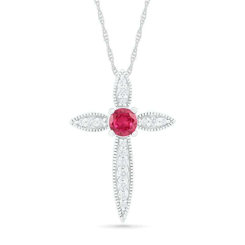 4.0mm Lab-Created Ruby and White Sapphire Vintage-Style Cross Pendant in Sterling Silver