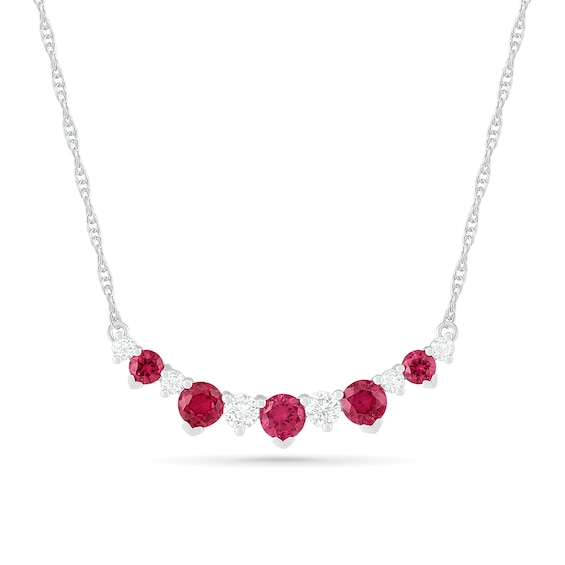 Lab-Created Ruby and White Sapphire Graduated Five Stone Curved Bar Necklace in Sterling Silver