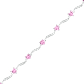 4.0mm Heart-Shaped Lab-Created Pink Sapphire and Beaded Wave Link Alternating Line Bracelet in Sterling Silver - 7.25"