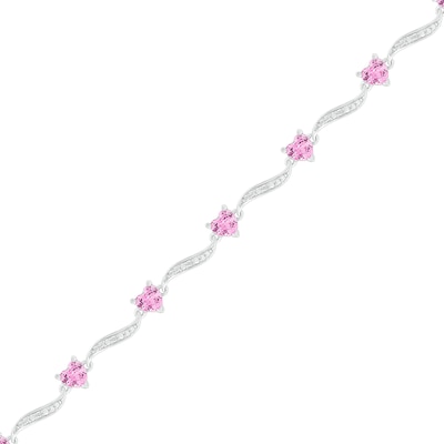 4.0mm Heart-Shaped Lab-Created Pink Sapphire and Beaded Wave Link Alternating Line Bracelet in Sterling Silver - 7.25"