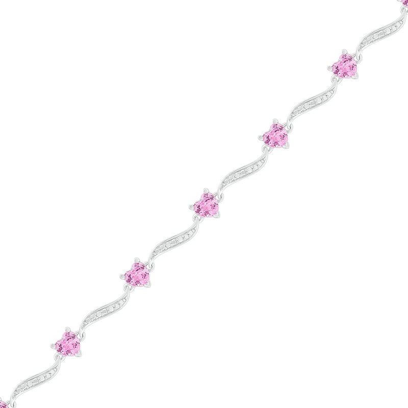4.0mm Heart-Shaped Lab-Created Pink Sapphire and Beaded Wave Link Alternating Line Bracelet in Sterling Silver - 7.25"