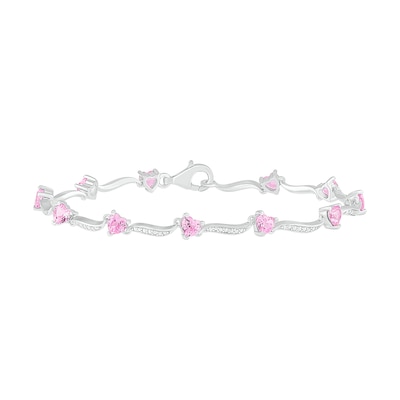 4.0mm Heart-Shaped Lab-Created Pink Sapphire and Beaded Wave Link Alternating Line Bracelet in Sterling Silver - 7.25"