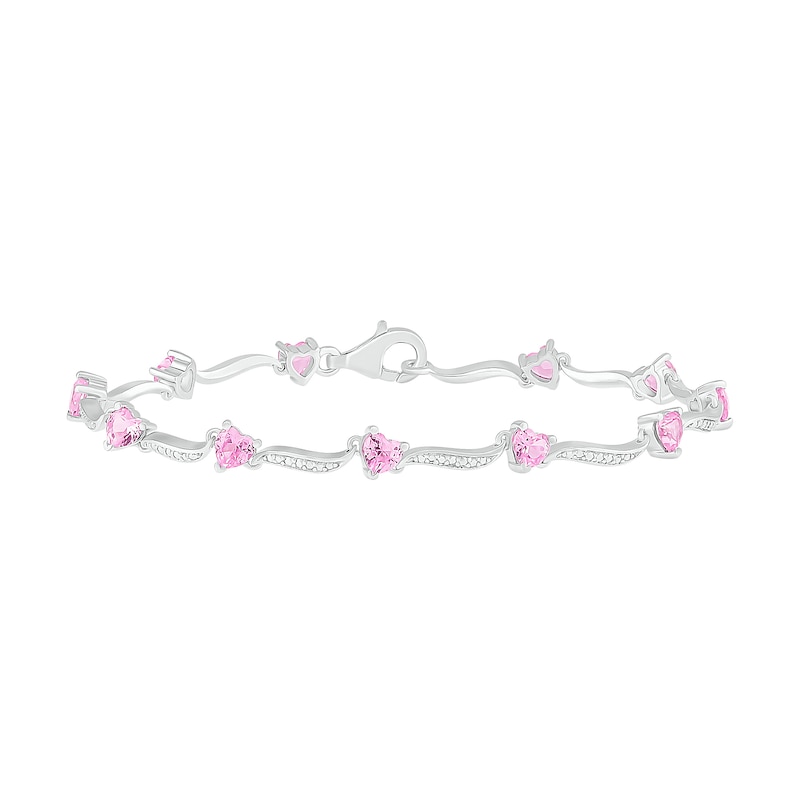 4.0mm Heart-Shaped Lab-Created Pink Sapphire and Beaded Wave Link Alternating Line Bracelet in Sterling Silver - 7.25"