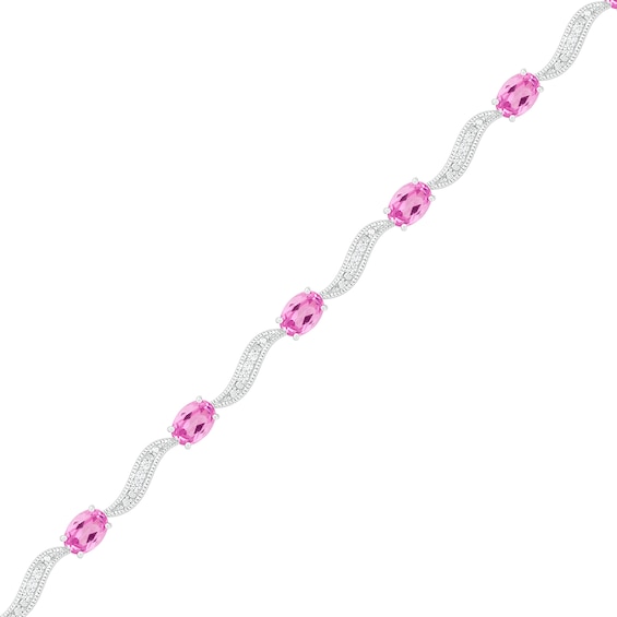 Oval Lab-Created Pink and White Sapphire Wave Link Alternating Vintage-Style Line Bracelet in Sterling Silver