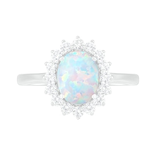 Oval Lab-Created Opal and White Sapphire Starburst Frame Ring in Sterling Silver