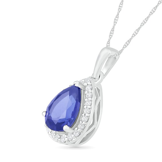 Pear-Shaped Lab-Created Blue and White Sapphire Frame Teardrop Pendant in Sterling Silver