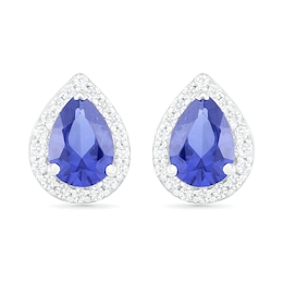 Pear-Shaped Lab-Created Blue and White Sapphire Frame Teardrop Earrings in Sterling Silver