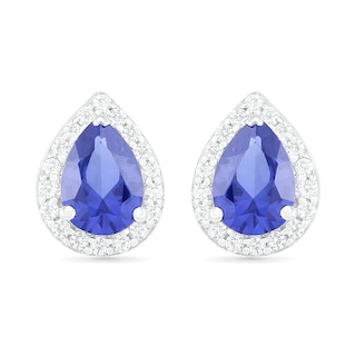 Pear-Shaped Lab-Created Blue and White Sapphire Frame Teardrop Earrings in Sterling Silver