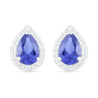 Pear-Shaped Lab-Created Blue and White Sapphire Frame Teardrop Earrings in Sterling Silver