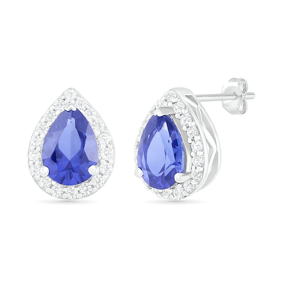 Pear-Shaped Lab-Created Blue and White Sapphire Frame Teardrop Earrings in Sterling Silver