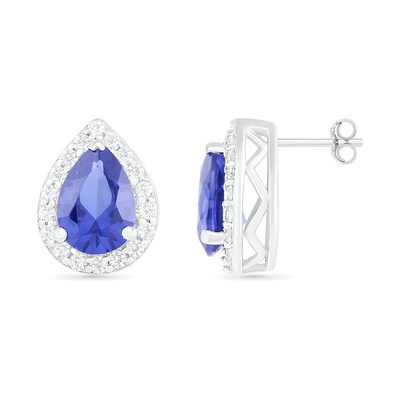 Pear-Shaped Lab-Created Blue and White Sapphire Frame Teardrop Earrings in Sterling Silver