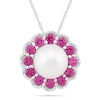 Freshwater Cultured Pearl and Lab-Created Pink Sapphire Frame Vintage-Style Flower Pendant in Sterling Silver