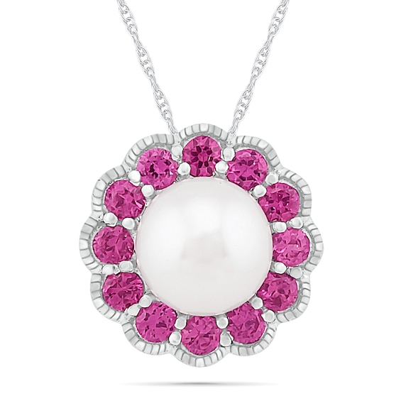 Freshwater Cultured Pearl and Lab-Created Pink Sapphire Frame Vintage-Style Flower Pendant in Sterling Silver