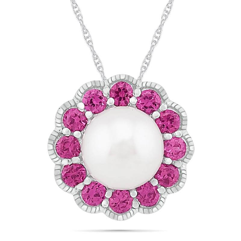 Freshwater Cultured Pearl and Lab-Created Pink Sapphire Frame Vintage-Style Flower Pendant in Sterling Silver|Peoples Jewellers