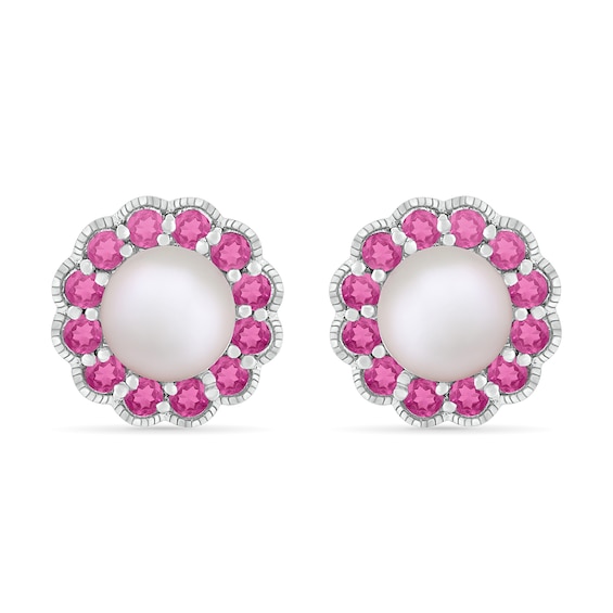 Freshwater Cultured Pearl and Lab-Created Pink Sapphire Frame Vintage-Style Flower Stud Earrings in Sterling Silver