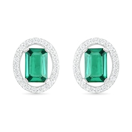 Emerald-Cut Lab-Created Emerald and White Sapphire Open Oval Frame Drop Earrings in Sterling Silver