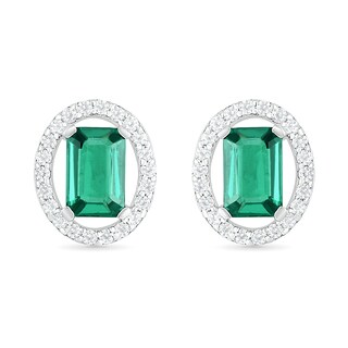 Emerald-Cut Lab-Created Emerald and White Sapphire Open Oval Frame Drop Earrings in Sterling Silver