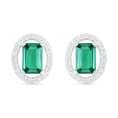 Emerald-Cut Lab-Created Emerald and White Sapphire Open Oval Frame Drop Earrings in Sterling Silver