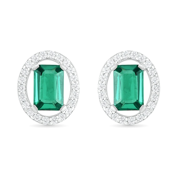 Emerald-Cut Lab-Created Emerald and White Sapphire Open Oval Frame Drop Earrings in Sterling Silver