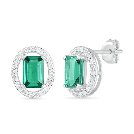 Emerald-Cut Lab-Created Emerald and White Sapphire Open Oval Frame Drop Earrings in Sterling Silver