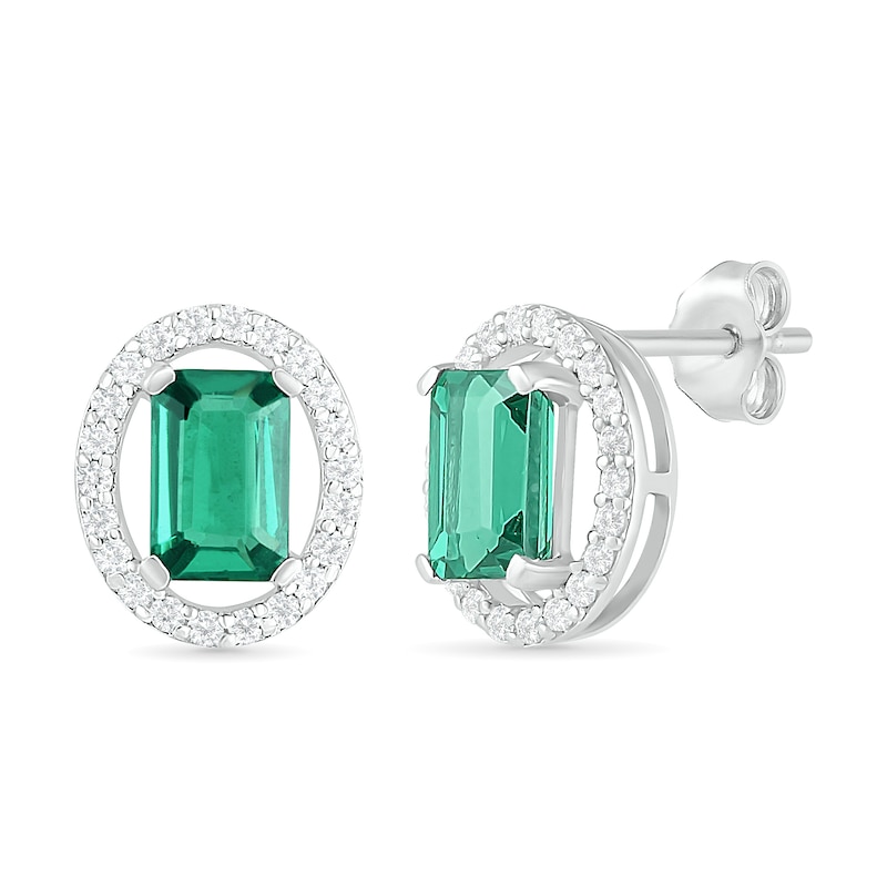 Emerald-Cut Lab-Created Emerald and White Sapphire Open Oval Frame Drop Earrings in Sterling Silver|Peoples Jewellers