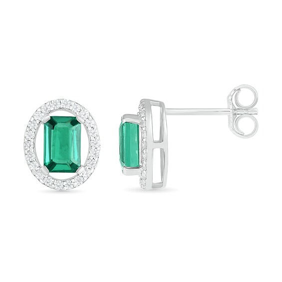 Emerald-Cut Lab-Created Emerald and White Sapphire Open Oval Frame Drop Earrings in Sterling Silver