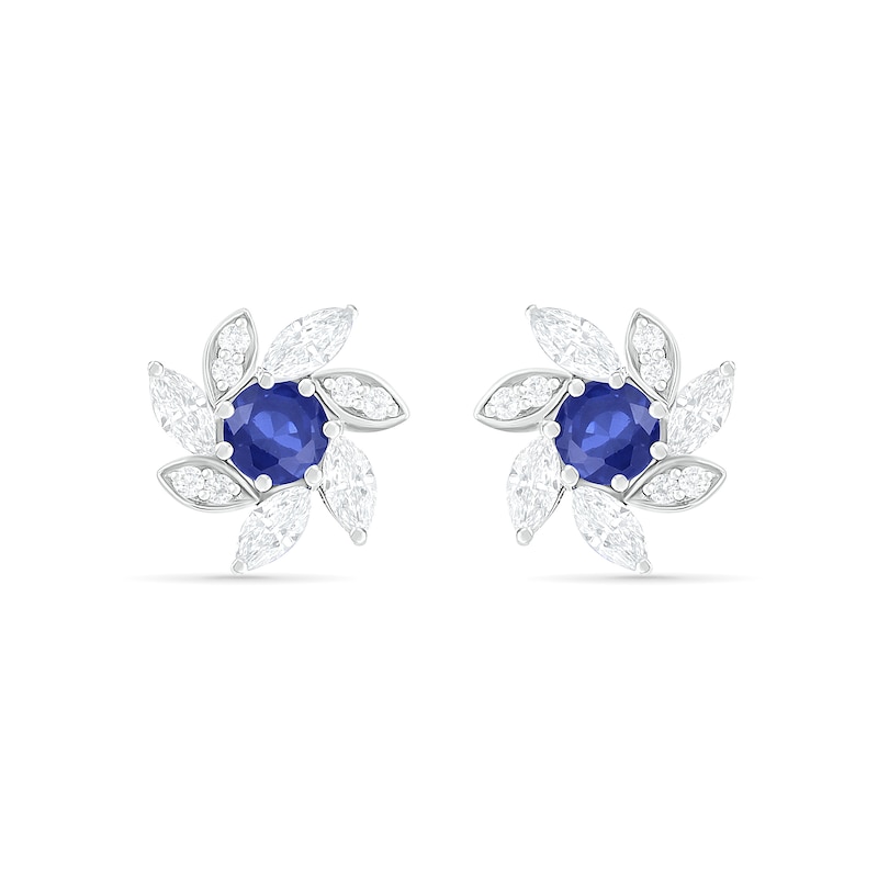 4.0mm Lab-Created Blue and White Sapphire Swirl Petal Frame Flower Stud Earrings in Sterling Silver|Peoples Jewellers