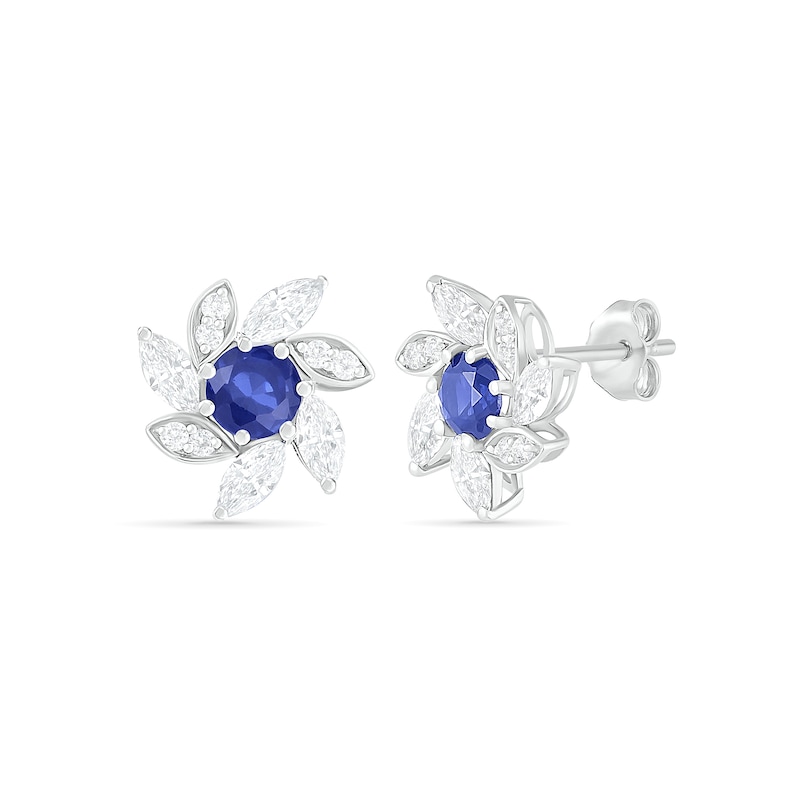 4.0mm Lab-Created Blue and White Sapphire Swirl Petal Frame Flower Stud Earrings in Sterling Silver|Peoples Jewellers