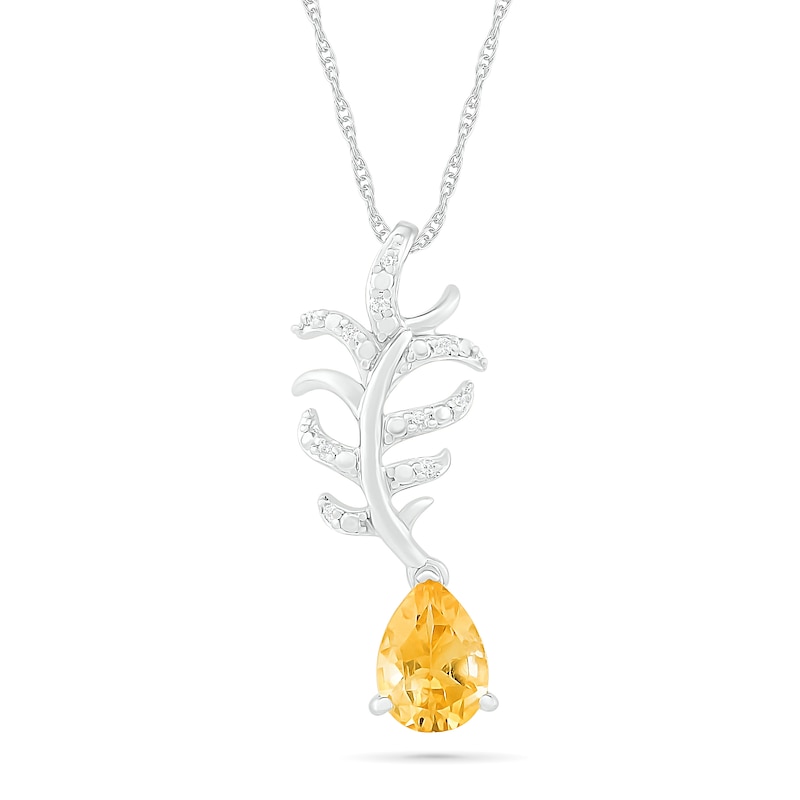 Pear-Shaped Citrine Drop and Diamond Accent Leafy Branch Pendant in Sterling Silver