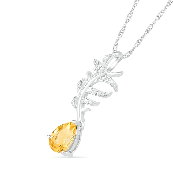 Pear-Shaped Citrine Drop and Diamond Accent Leafy Branch Pendant in Sterling Silver