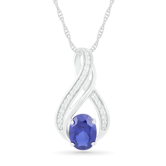 Oval Lab-Created Blue and White Sapphire Double Split Swirl Infinity Pendant in Sterling Silver