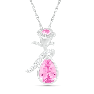 Pear-Shaped and Round Lab-Created Pink and White Sapphire Rose and Ribbon Overlay Drop Pendant in Sterling Silver