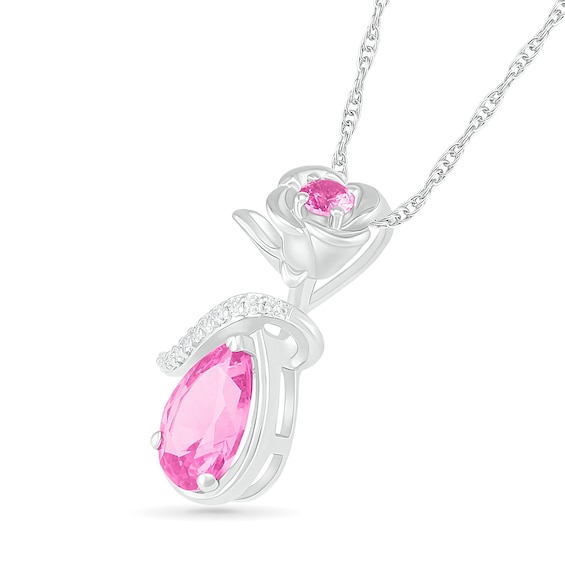 Pear-Shaped and Round Lab-Created Pink and White Sapphire Rose and Ribbon Overlay Drop Pendant in Sterling Silver