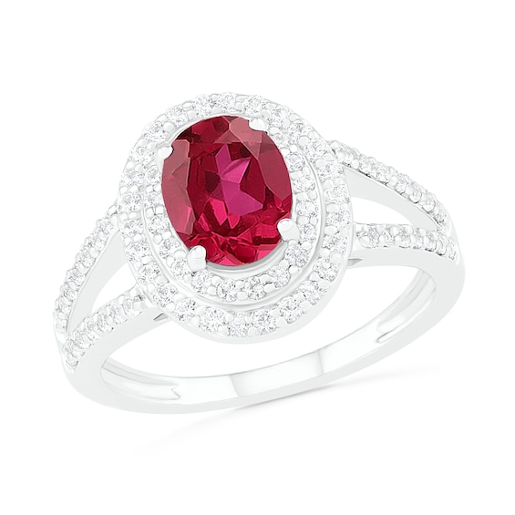 Oval Lab-Created Ruby and White Sapphire Double Frame Split Shank Ring in Sterling Silver