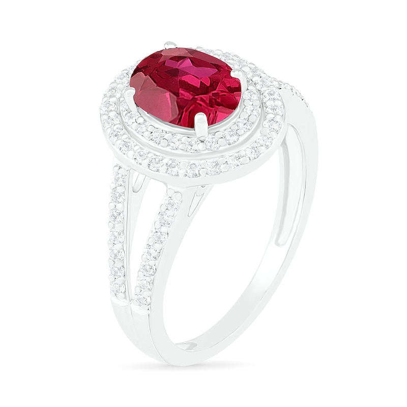 Oval Lab-Created Ruby and White Sapphire Double Frame Split Shank Ring in Sterling Silver|Peoples Jewellers