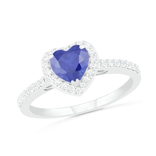 6.0mm Heart-Shaped Lab-Created Blue and White Sapphire Frame Ring in Sterling Silver