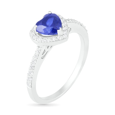 6.0mm Heart-Shaped Lab-Created Blue and White Sapphire Frame Ring in Sterling Silver