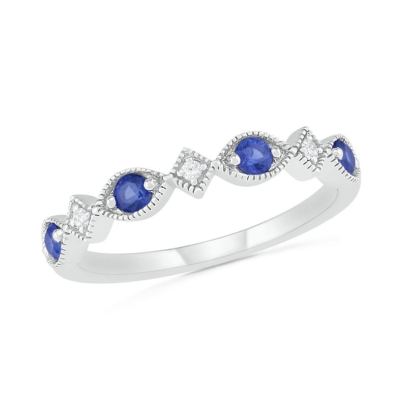 Lab-Created Blue Sapphire and Diamond Accent Alternating Art Deco Vintage-Style Band in 10K White Gold|Peoples Jewellers
