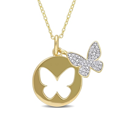 0.10 CT. T.W. Diamond Butterfly Cutout Disc Pendant in Sterling Silver with Yellow Rhodium