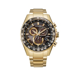Men's Citizen Eco-Drive® PCAT Gold-Tone Chronograph Watch with Black Dial (Model: CB5912-50E)