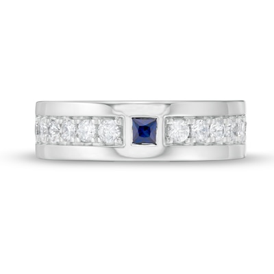 Vera Wang Love Collection Men's Square-Cut Blue Sapphire and 0.69 CT. T.W. Diamond Wedding Band in 14K White Gold