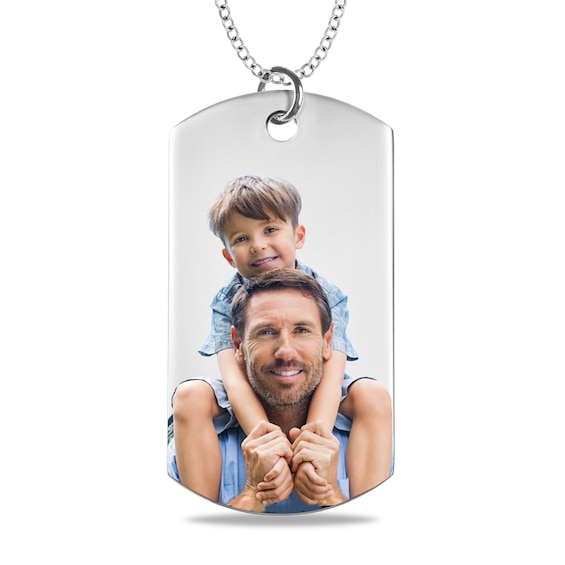 Men's Extra Large Engravable Photo Dog Tag Pendant in Sterling Silver (1 Image and 4 Lines)