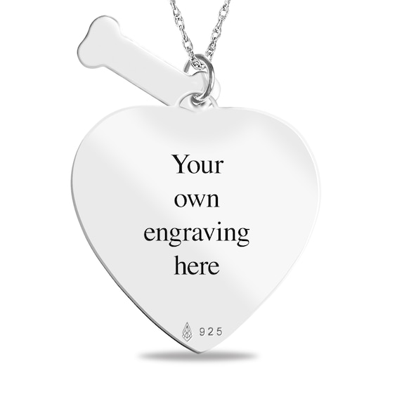 Engravable Photo Heart Dog Pendant with Name Bone Charm in Sterling Silver (1 Image, 1 Name and 4 Lines)