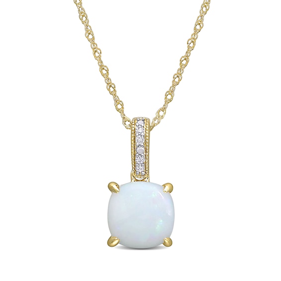 8.0mm Cushion-Cut Opal and Diamond Accent Vintage-Style Drop Pendant in 10K Gold - 17"