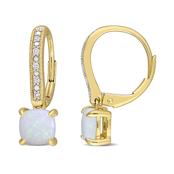 6.0mm Cushion-Cut Opal and 0.05 CT. T.W. Diamond Vintage-Style Drop Earrings in 10K Gold